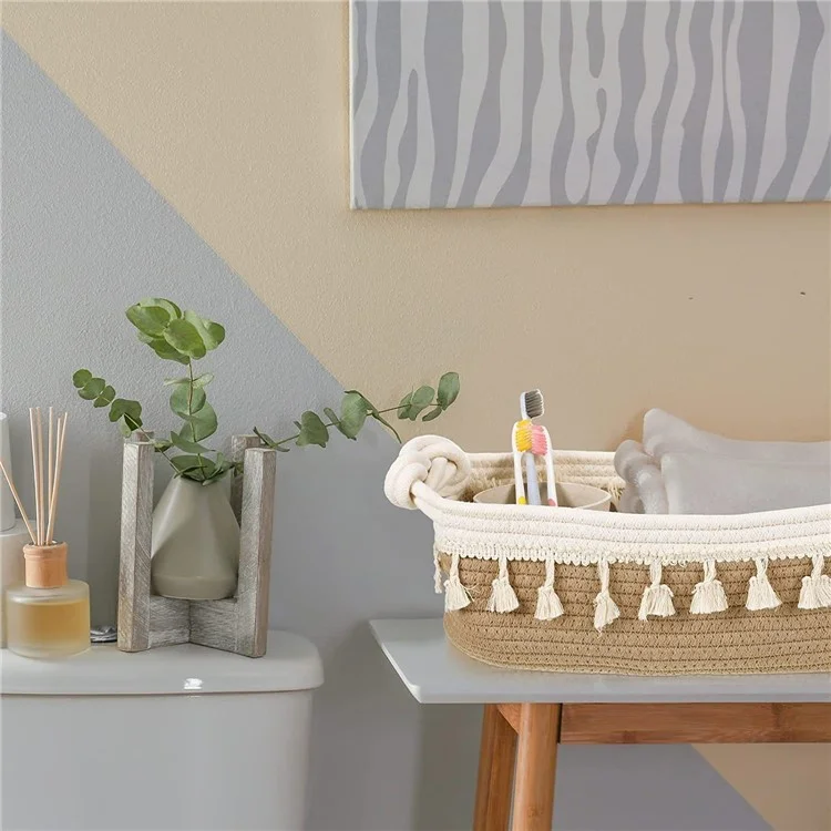AB-042 Toys Storage Basket Tassels Decor Cotton Rope Woven Organizer Box for Shampoo, Towel - Light Brown