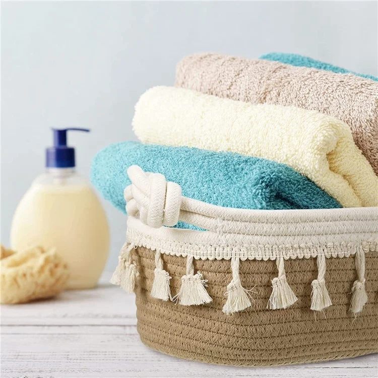 AB-042 Toys Storage Basket Tassels Decor Cotton Rope Woven Organizer Box for Shampoo, Towel - Light Brown