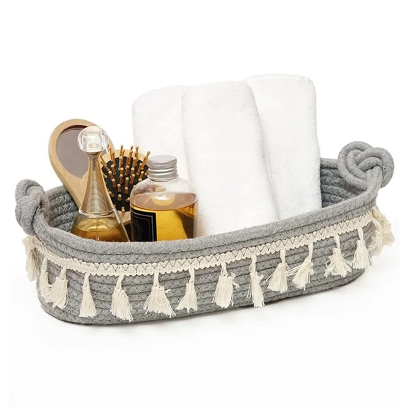 AB-042 Toys Storage Basket Tassels Decor Cotton Rope Woven Organizer Box for Shampoo, Towel - Light Grey
