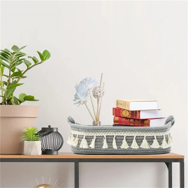 AB-042 Toys Storage Basket Tassels Decor Cotton Rope Woven Organizer Box for Shampoo, Towel - Light Grey