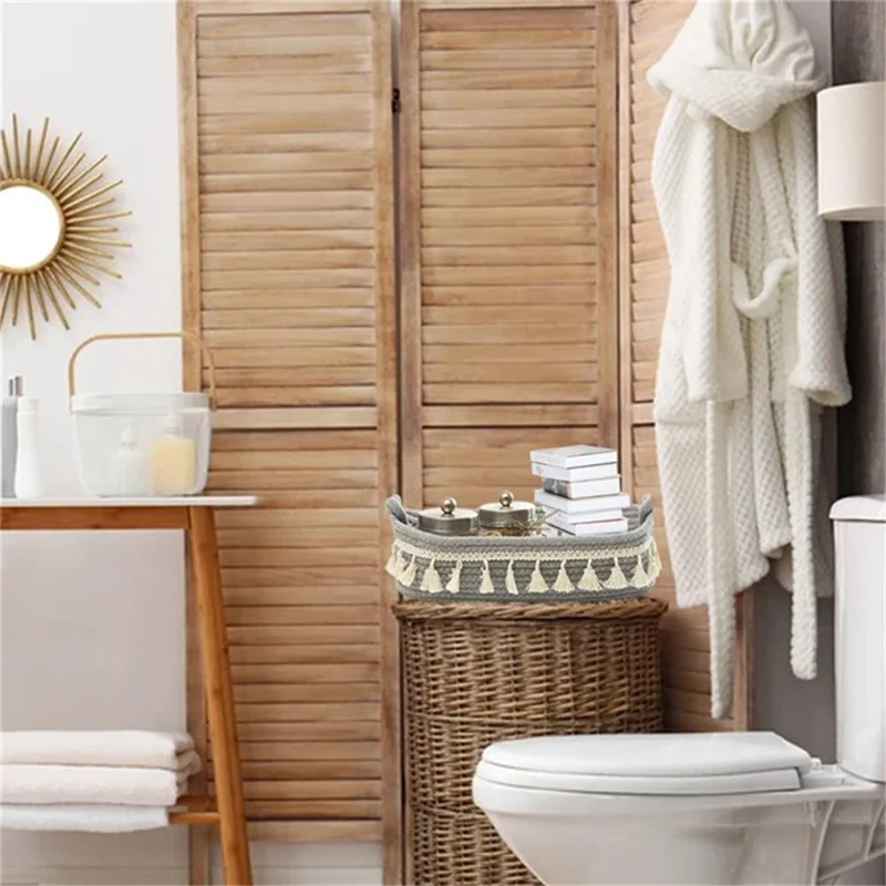 AB-042 Toys Storage Basket Tassels Decor Cotton Rope Woven Organizer Box for Shampoo, Towel - Light Grey