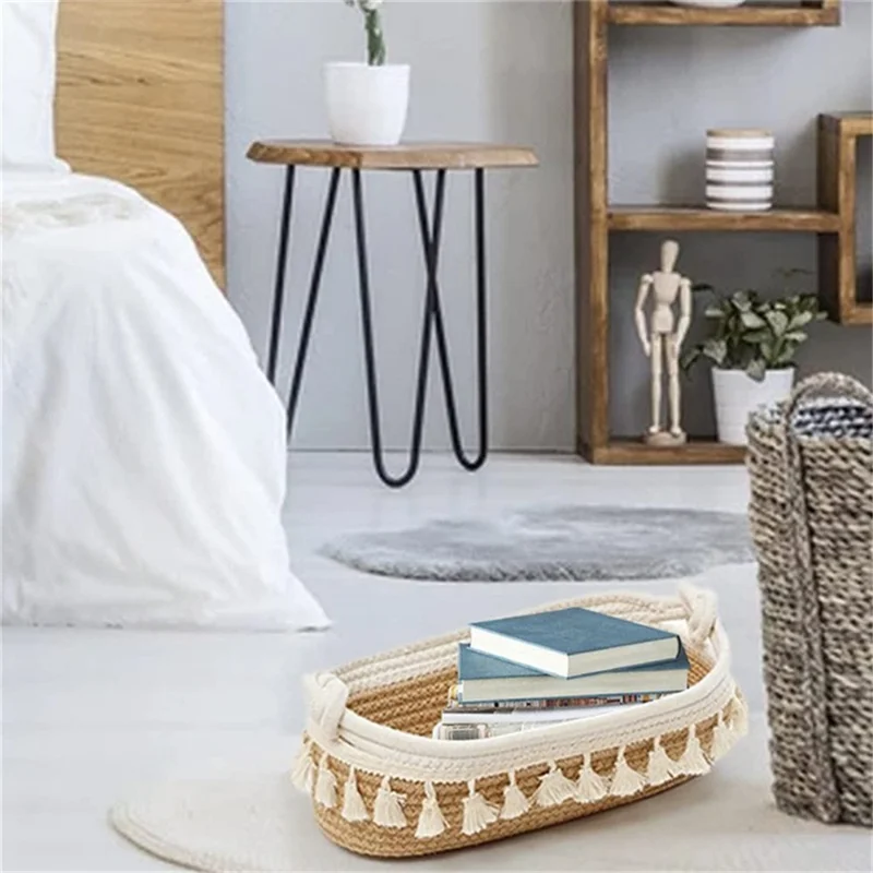 AB-042 Toys Storage Basket Tassels Decor Cotton Rope Woven Organizer Box for Shampoo, Towel - Light Grey
