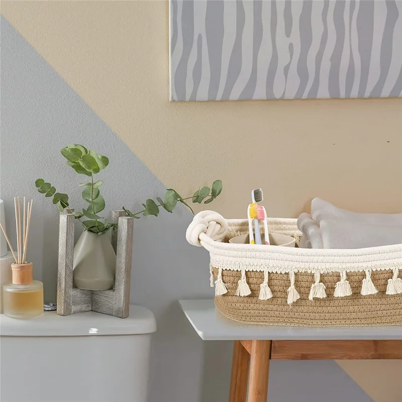 AB-042 Toys Storage Basket Tassels Decor Cotton Rope Woven Organizer Box for Shampoo, Towel - Light Grey