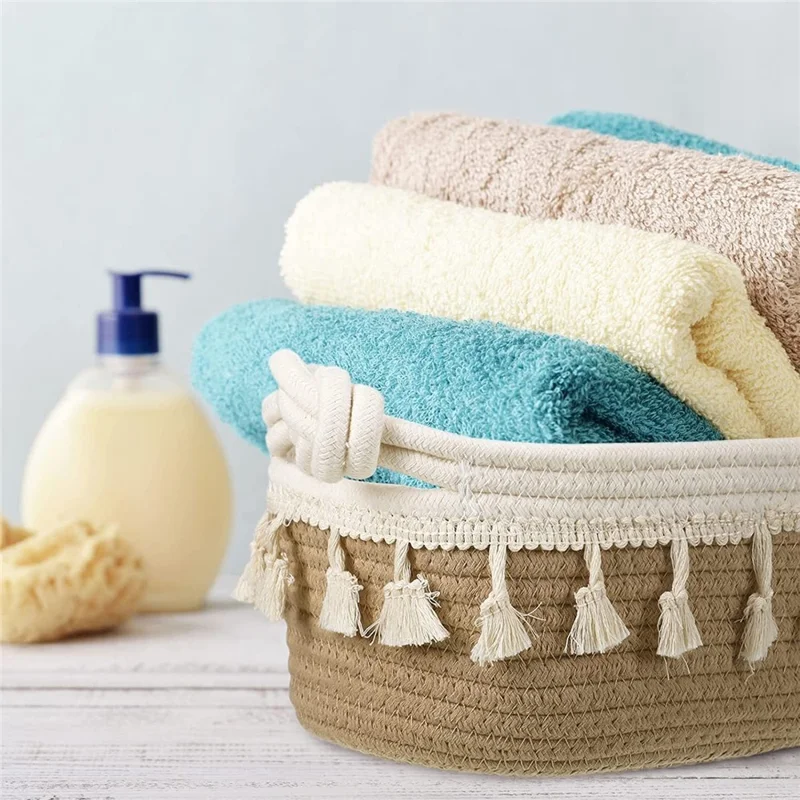 AB-042 Toys Storage Basket Tassels Decor Cotton Rope Woven Organizer Box for Shampoo, Towel - Light Grey