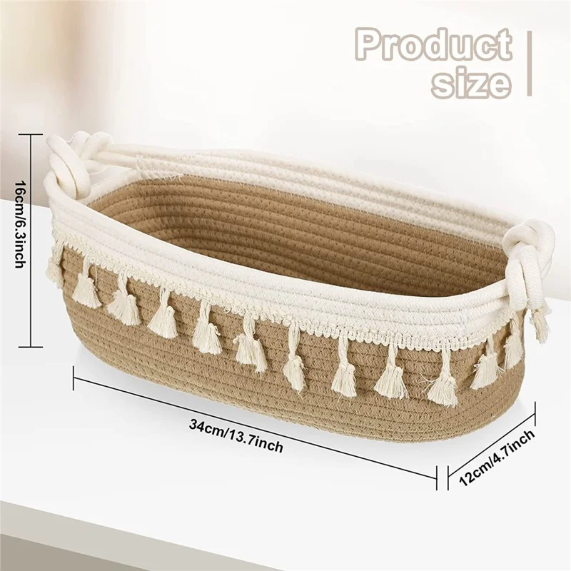 AB-042 Toys Storage Basket Tassels Decor Cotton Rope Woven Organizer Box for Shampoo, Towel - Light Grey