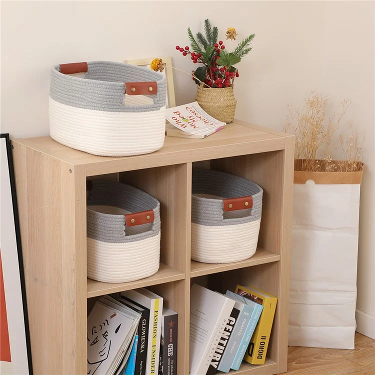 AB-028 Home Decoration Books Storage Bin Storage Box Woven Cotton Rope Basket Organizer for Toys, Magazines - White+Grey