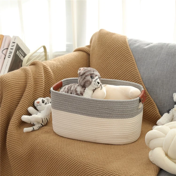 AB-028 Home Decoration Books Storage Bin Storage Box Woven Cotton Rope Basket Organizer for Toys, Magazines - White+Grey