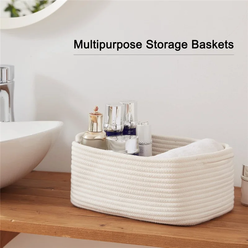 AB-096 Decorative Storage Box Woven Cotton Rope Basket for Toy, Makeup, Shampoo, Lotion, Book - White