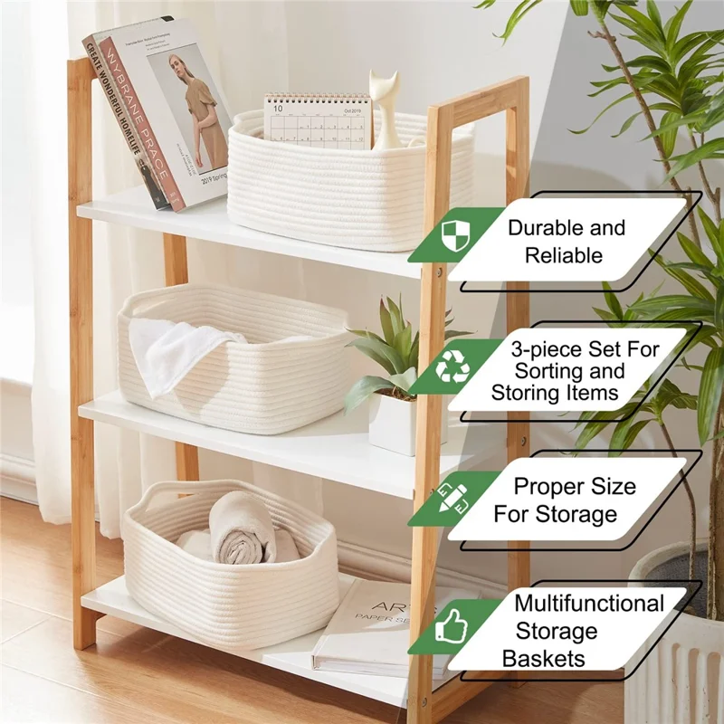 AB-096 Decorative Storage Box Woven Cotton Rope Basket for Toy, Makeup, Shampoo, Lotion, Book - White