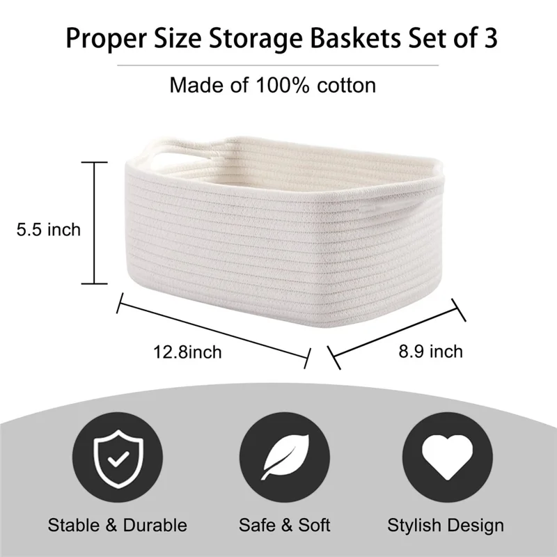 AB-096 Decorative Storage Box Woven Cotton Rope Basket for Toy, Makeup, Shampoo, Lotion, Book - White