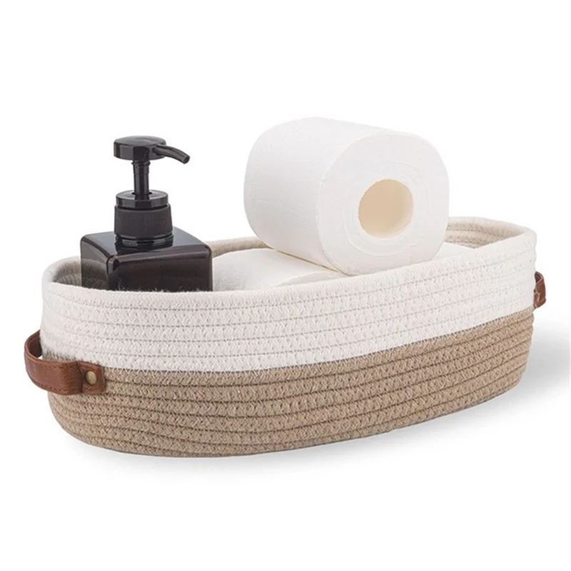 AB-041 Bathroom Countertop Organizer Basket Cotton Rope Woven Storage Box Toilet Paper Holder Bin - White+Brown