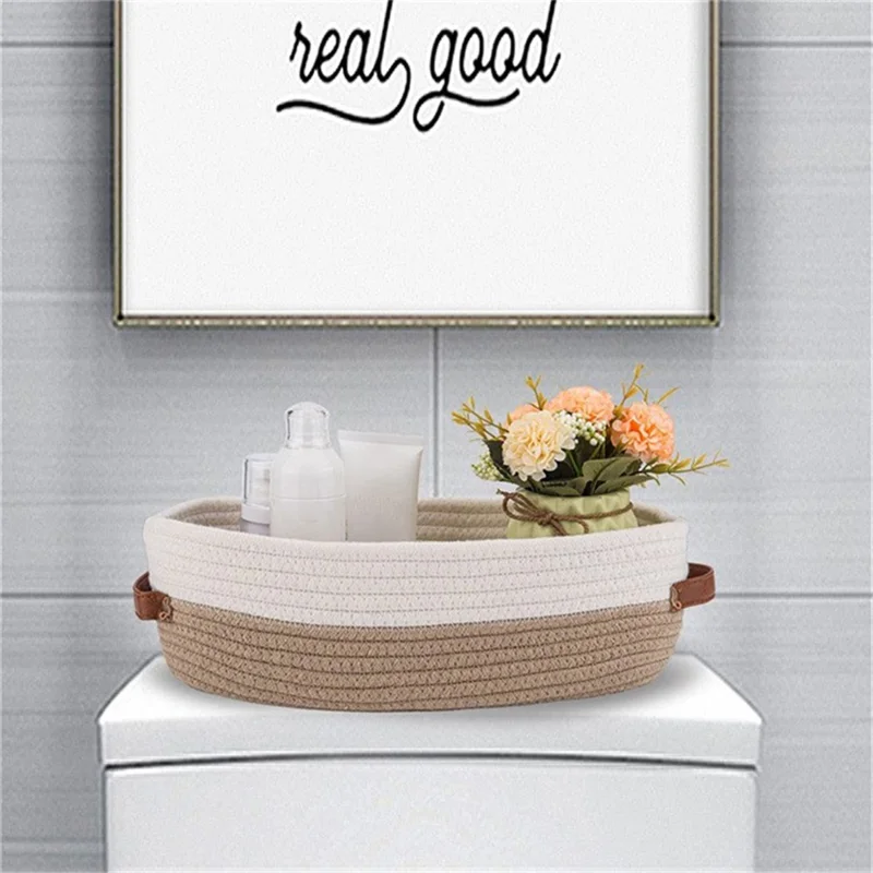 AB-041 Bathroom Countertop Organizer Basket Cotton Rope Woven Storage Box Toilet Paper Holder Bin - White+Brown