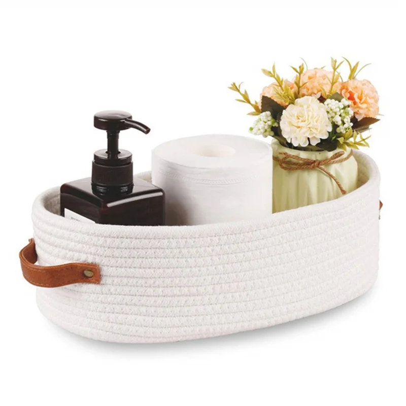 AB-041 Bathroom Countertop Organizer Basket Cotton Rope Woven Storage Box Toilet Paper Holder Bin - White