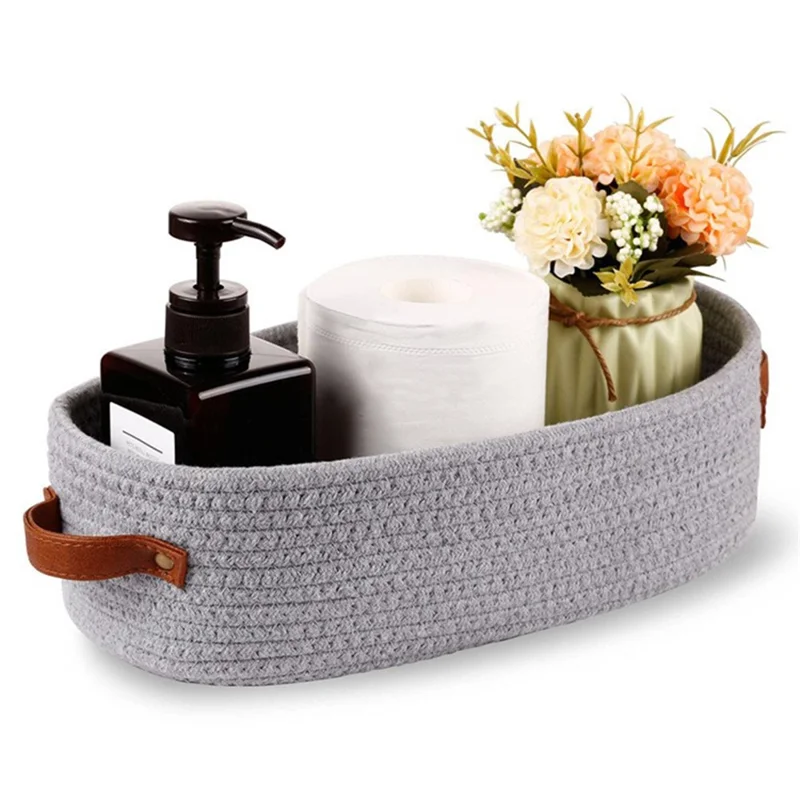 AB-041 Bathroom Countertop Organizer Basket Cotton Rope Woven Storage Box Toilet Paper Holder Bin - Light Grey