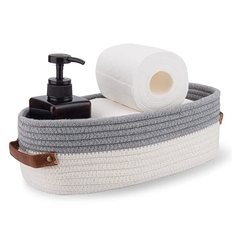 AB-041 Bathroom Countertop Organizer Basket Cotton Rope Woven Storage Box Toilet Paper Holder Bin - Light Grey+White