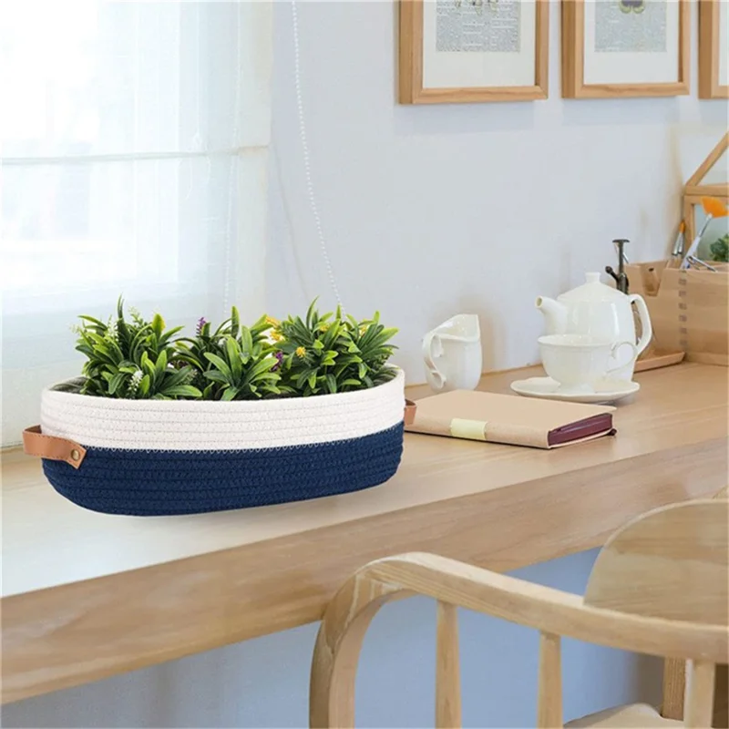 AB-041 Bathroom Countertop Organizer Basket Cotton Rope Woven Storage Box Toilet Paper Holder Bin - Light Grey+White