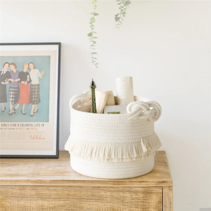AB-006 Tassel Decor Storage Box Woven Cotton Rope Basket Home Decoration Bin for Books, Toys - White