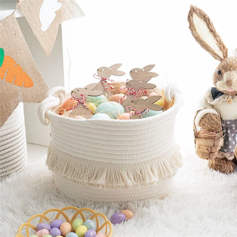 AB-006 Tassel Decor Storage Box Woven Cotton Rope Basket Home Decoration Bin for Books, Toys - White