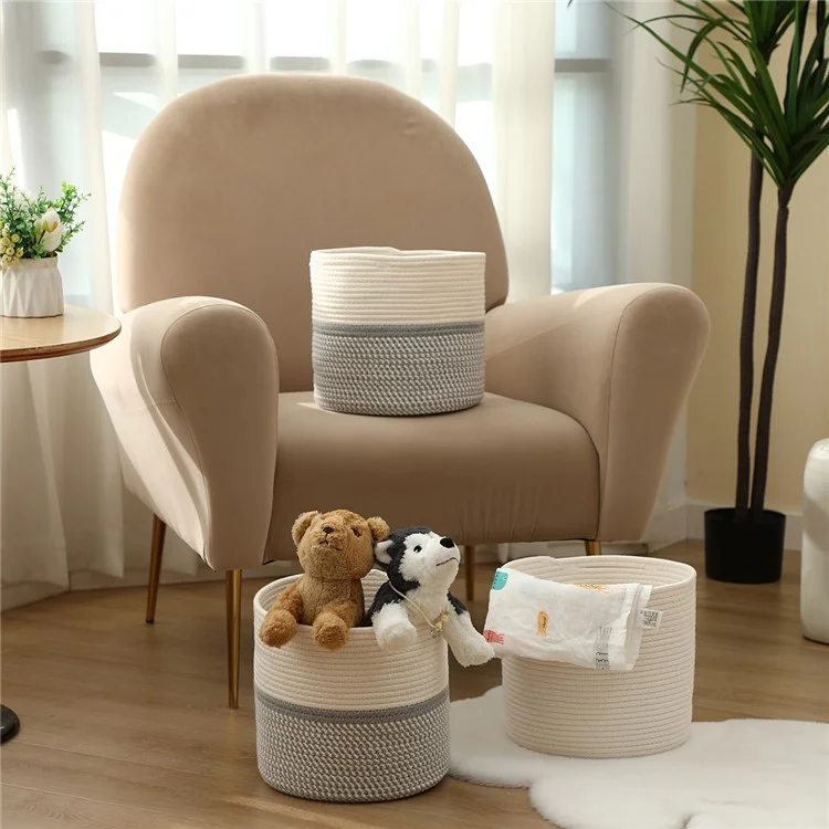 AB-005 Woven Cotton Rope Basket Baby Laundry Basket Toy Storage Blanket Storage Bin Nursery Storage Box - Light Grey