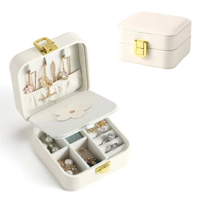 Ring Necklace Storage Box PU Leather Jewelry Case for Home Travel - White