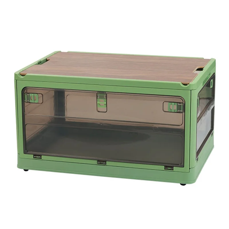 5-Sided Doors Folding PP Storage Box for Living Room (56 x 39 x 30cm, Size: L) - Green / Wood Lid