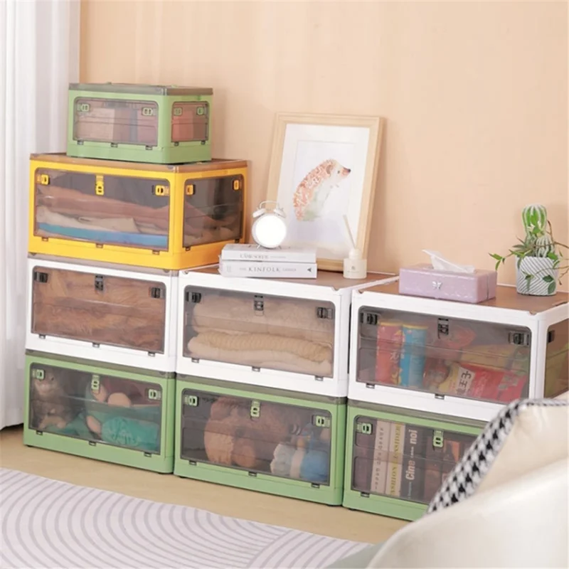 5-Sided Doors Folding PP Storage Box for Living Room (56 x 39 x 30cm, Size: L) - Green / Wood Lid