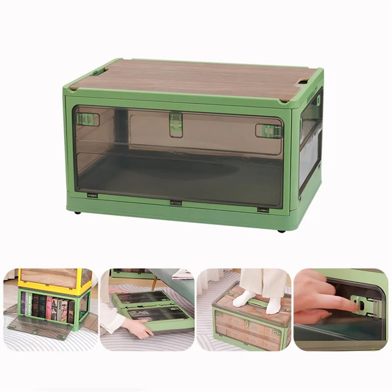 5-Sided Doors Folding PP Storage Box for Living Room (56 x 39 x 30cm, Size: L) - Green / Wood Lid