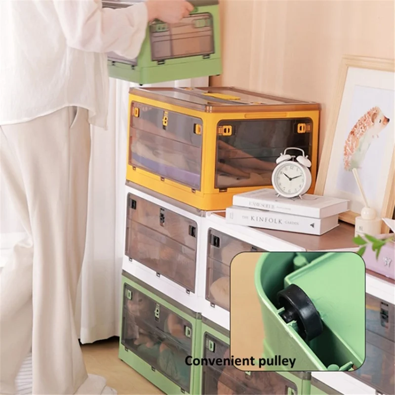 5-Sided Doors Folding PP Storage Box for Living Room (56 x 39 x 30cm, Size: L) - Green / Wood Lid