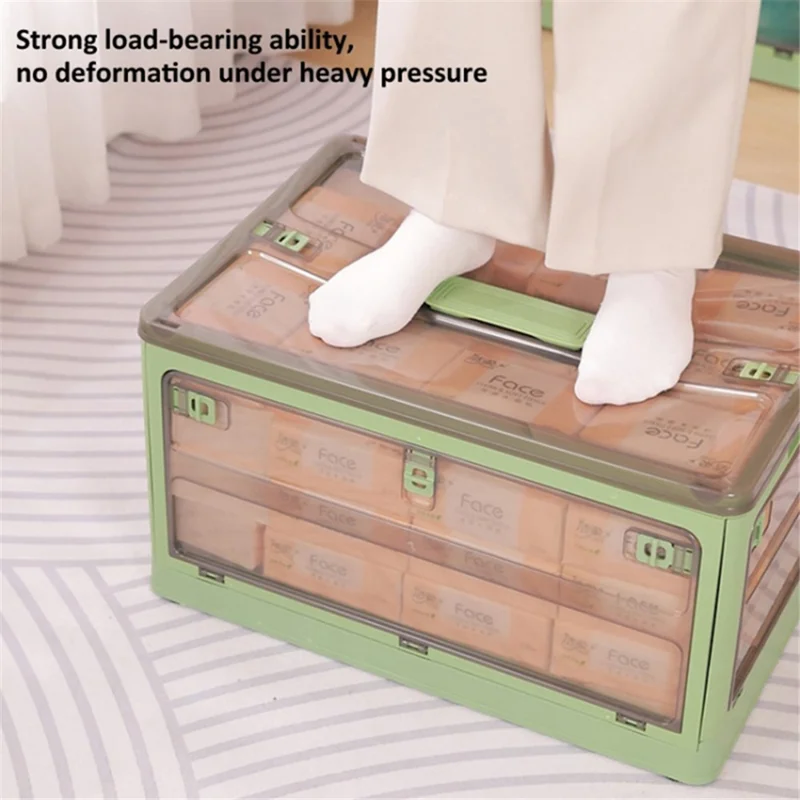 5-Sided Doors Folding PP Storage Box for Living Room (56 x 39 x 30cm, Size: L) - Green / Wood Lid