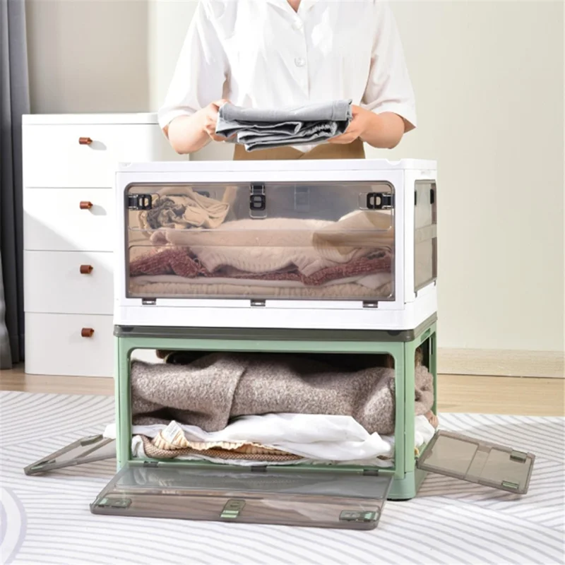 5-Sided Doors Folding PP Storage Box for Living Room (56 x 39 x 30cm, Size: L) - Green / Wood Lid