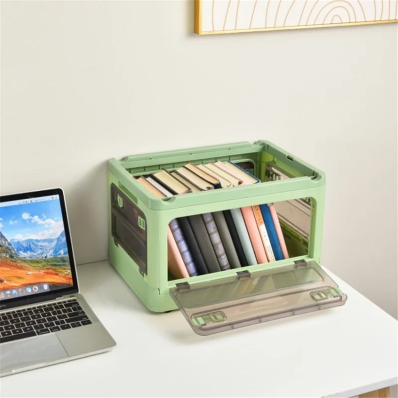 5-Sided Doors Folding PP Storage Box for Living Room (56 x 39 x 30cm, Size: L) - Green / Wood Lid