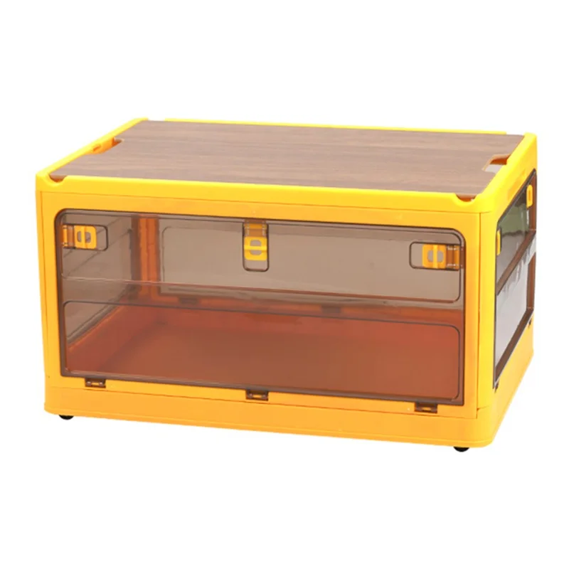 48 x 33.5 x 26cm 5-Sided Doors Folding Storage Box PP Household Organizer Container, Size: M - Yellow / Wood Lid