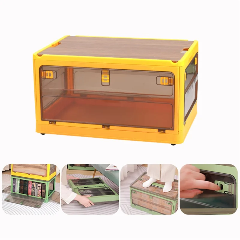 48 x 33.5 x 26cm 5-Sided Doors Folding Storage Box PP Household Organizer Container, Size: M - Yellow / Wood Lid