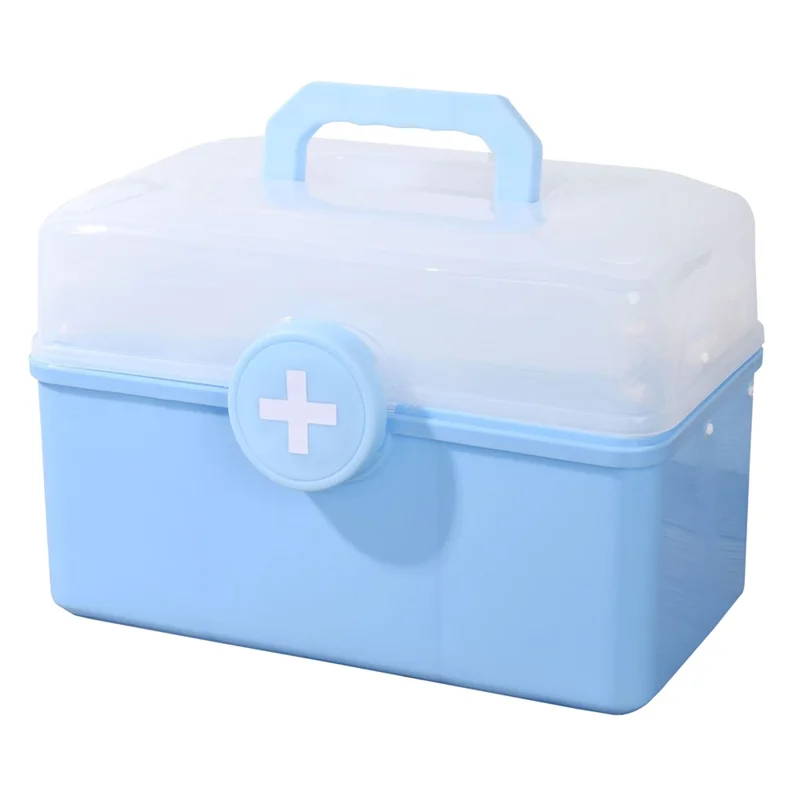 Size L 3-Layer Large Medicine Storage Case Portable Plastic First Aid Box with Lid, 33.5x19x23cm - Blue