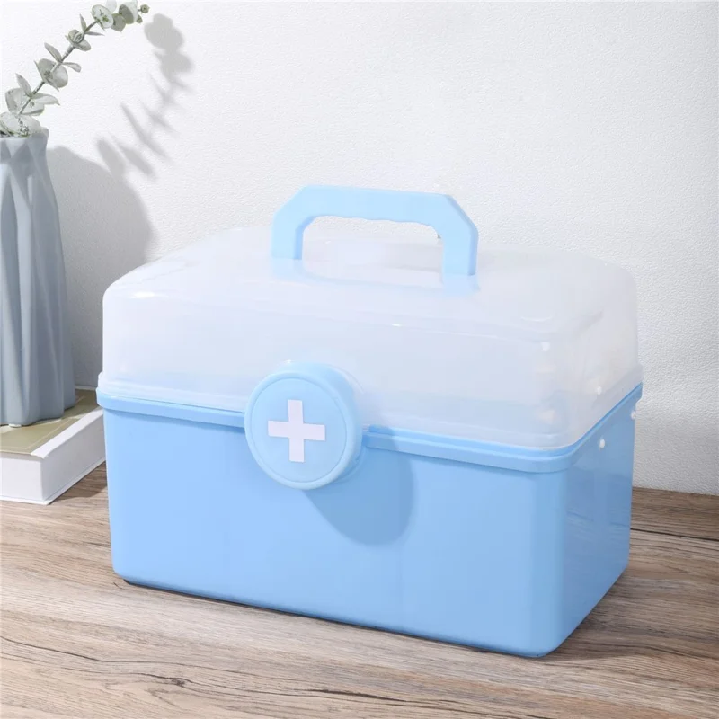 Size L 3-Layer Large Medicine Storage Case Portable Plastic First Aid Box with Lid, 33.5x19x23cm - Blue