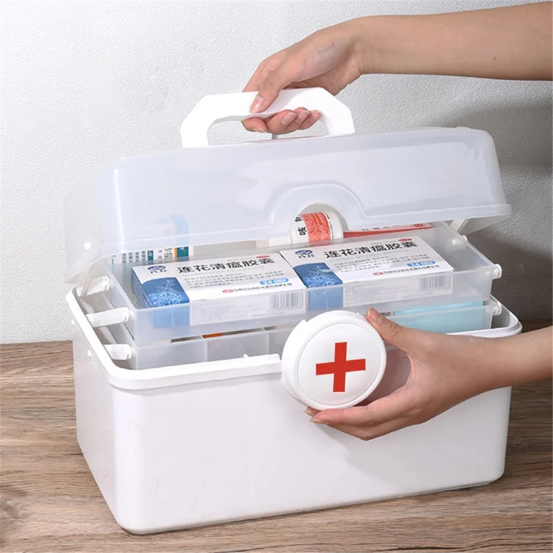 Size L 3-Layer Large Medicine Storage Case Portable Plastic First Aid Box with Lid, 33.5x19x23cm - Blue