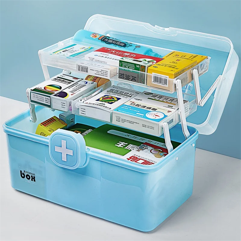 Size L 3-Layer Large Medicine Storage Case Portable Plastic First Aid Box with Lid, 33.5x19x23cm - Pink