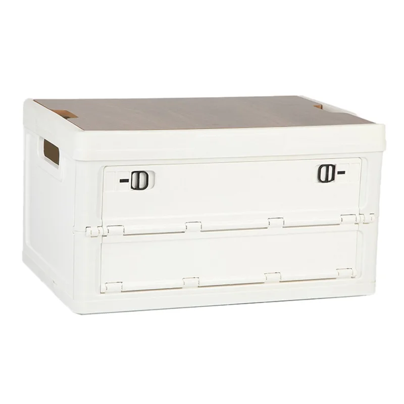 30L Home Outdoor Foldable Storage Box Wood+PP Lidded Organizer Case, 430x285x230mm - White