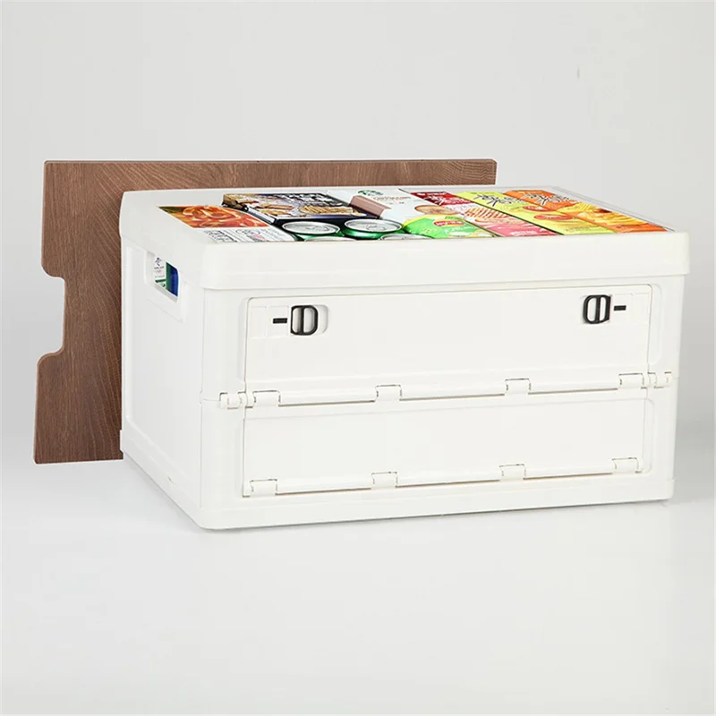 30L Home Outdoor Foldable Storage Box Wood+PP Lidded Organizer Case, 430x285x230mm - White