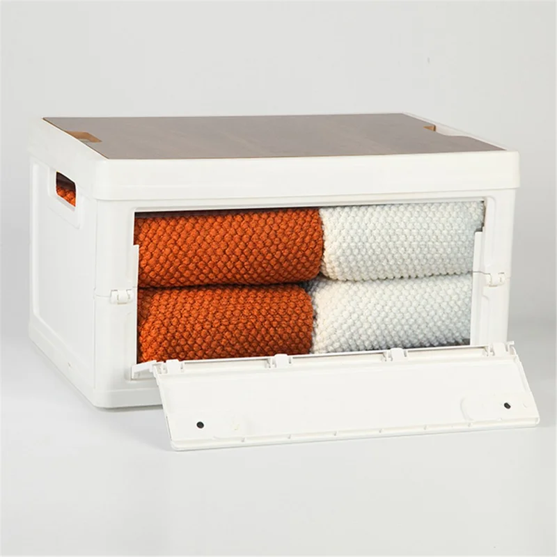 55L Storage Box Wood+PP Outdoor Foldable Storage Organizer with Lid, 525x360x295mm - White