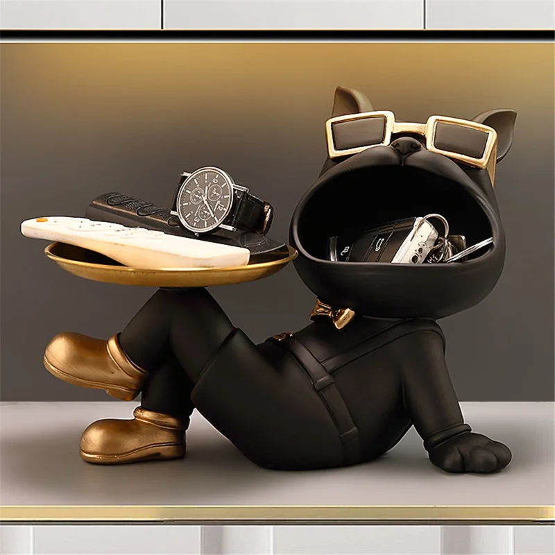 569 Big Mouth Dog Sculpture Entryway Key Storage Tray Home Tabletop Decoration - Black