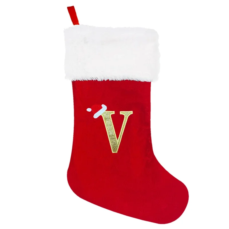 A-Z Letters Christmas Stocking Xmas Tree Pendant Alphabet Socks Gift Bag - V