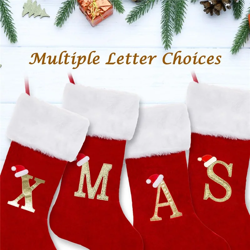 A-Z Letters Christmas Stocking Xmas Tree Pendant Alphabet Socks Gift Bag - V