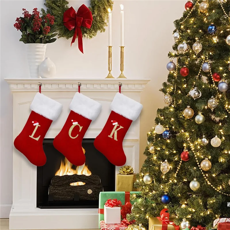 A-Z Letters Christmas Stocking Xmas Tree Pendant Alphabet Socks Gift Bag - V