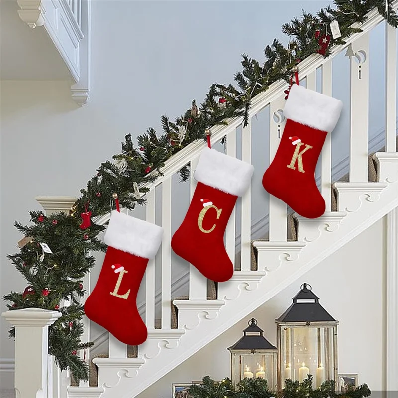 A-Z Letters Christmas Stocking Xmas Tree Pendant Alphabet Socks Gift Bag - V