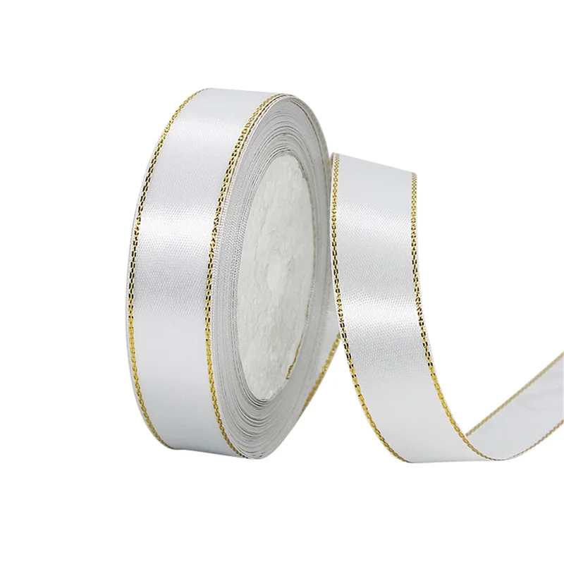 2cm Wide Christmas Gift Wrapping Ribbon Golden Edge Decor Handmade Craft (22m Long) - White