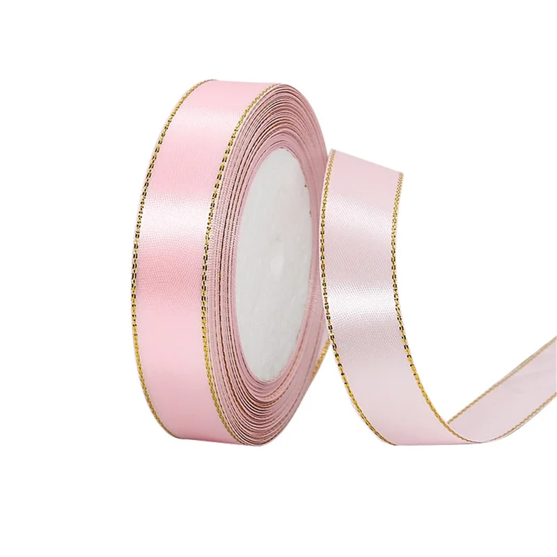 2cm Wide Christmas Gift Wrapping Ribbon Golden Edge Decor Handmade Craft (22m Long) - Pink