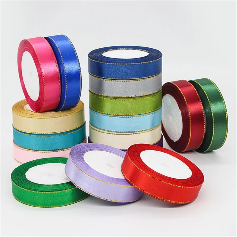 2cm Wide Christmas Gift Wrapping Ribbon Golden Edge Decor Handmade Craft (22m Long) - Pink