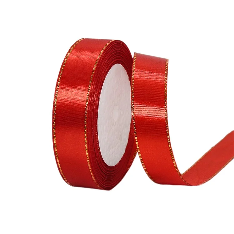 2 cm breites Weihnachts-Geschenkband mit goldenem Rand, handgemachtes Kunsthandwerk (22 m lang) - Rot