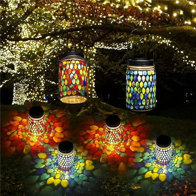 Solar Mosaic Lights Outdoor Hanging Lanterns Waterproof Night Lamps Decorations - Blue